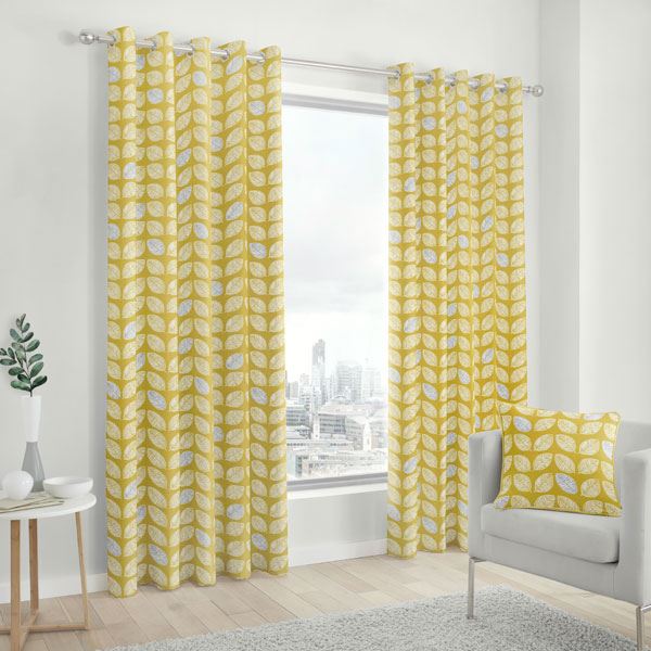 Fusion Delft Leaf Print 100% Cotton Eyelet Lined Curtains