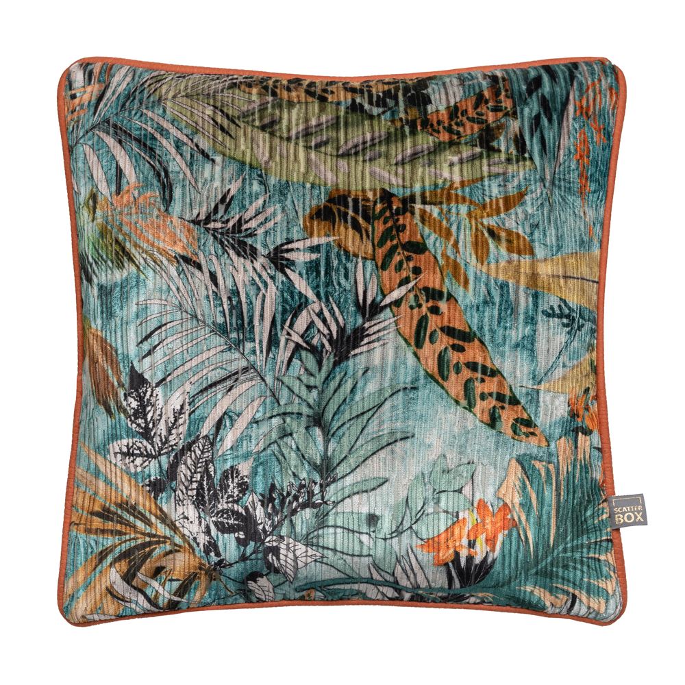 Scatter Box Aruba Faux Velvet Feather Filled Piped Edge Cushion, Aqua/Orange