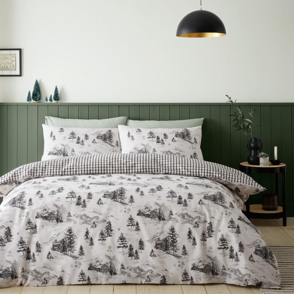 Catherine Lansfield Brushed Cotton Alpine Village Reversible Single Duvet Cover Set with Pillowcase Natural