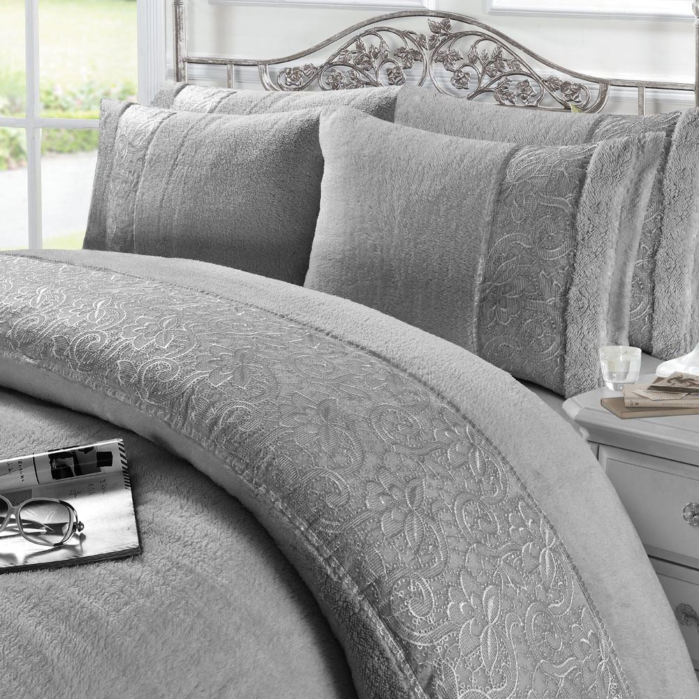 Night Zone Grace Embroidered Lace Teddy Fleece Duvet Cover Set