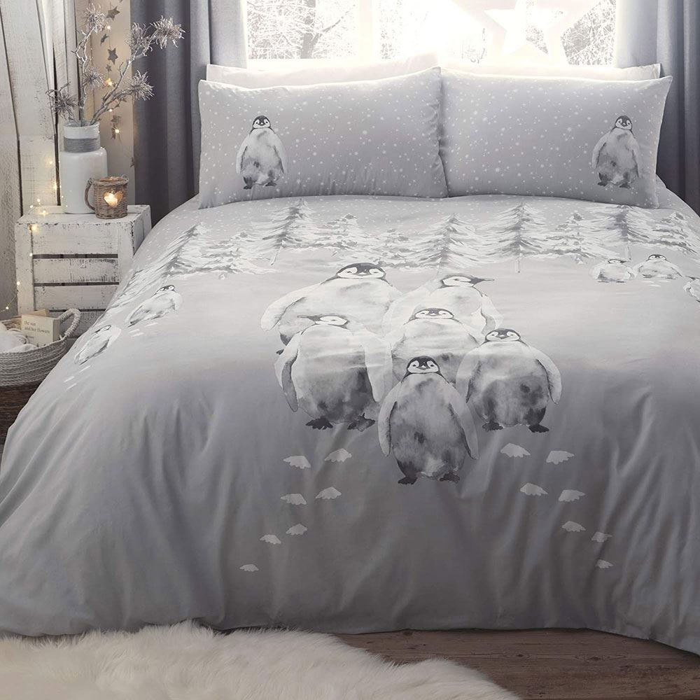 Fusion Christmas Penguin Family Easy Care Reversible Duvet Cover Set, Grey, Double