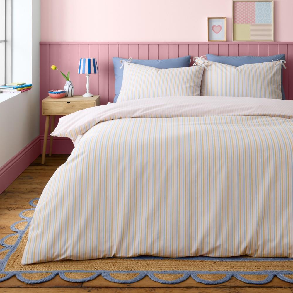 Catherine Lansfield Brighton Stripe Bow Trim Double Duvet Cover Set with Pillowcases Pastel
