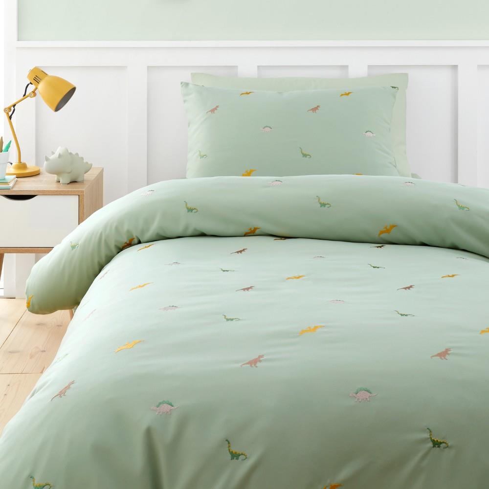 Catherine Lansfield Embroidered Dinosaur Double Duvet Cover Set with Pillowcases Green