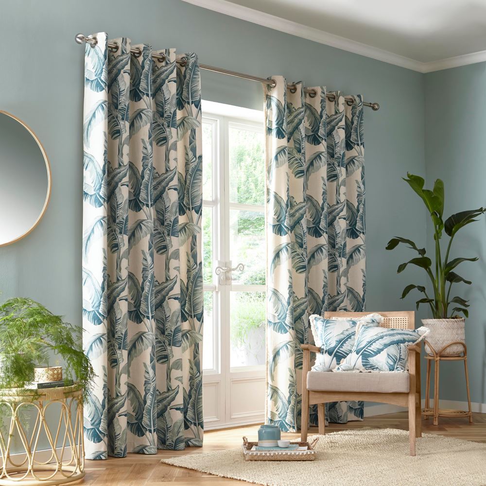 Fusion Cadiz Leaf Print 100% Cotton Eyelet Lined Curtains