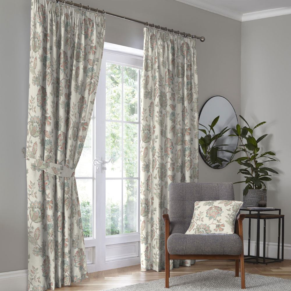 Dreams & Drapes Indira Floral Print 100% Cotton Lined Pencil Pleat Curtains