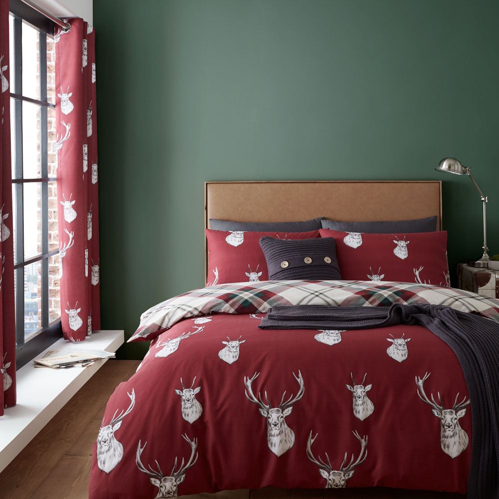 Catherine Lansfield Munro Stag Check Easy Care Duvet Cover Set, Red