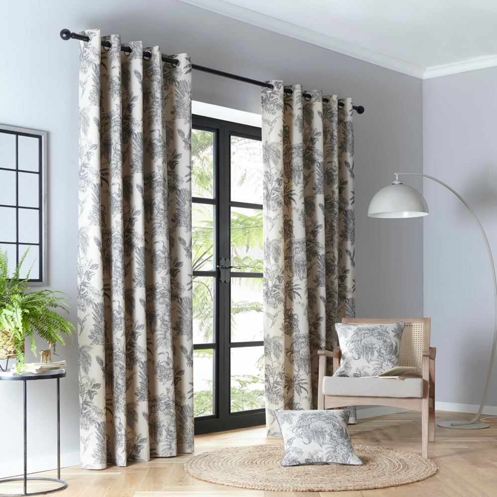 Fusion Saranda Tropical Print Cotton Rich Eyelet Lined Curtains, Charcoal