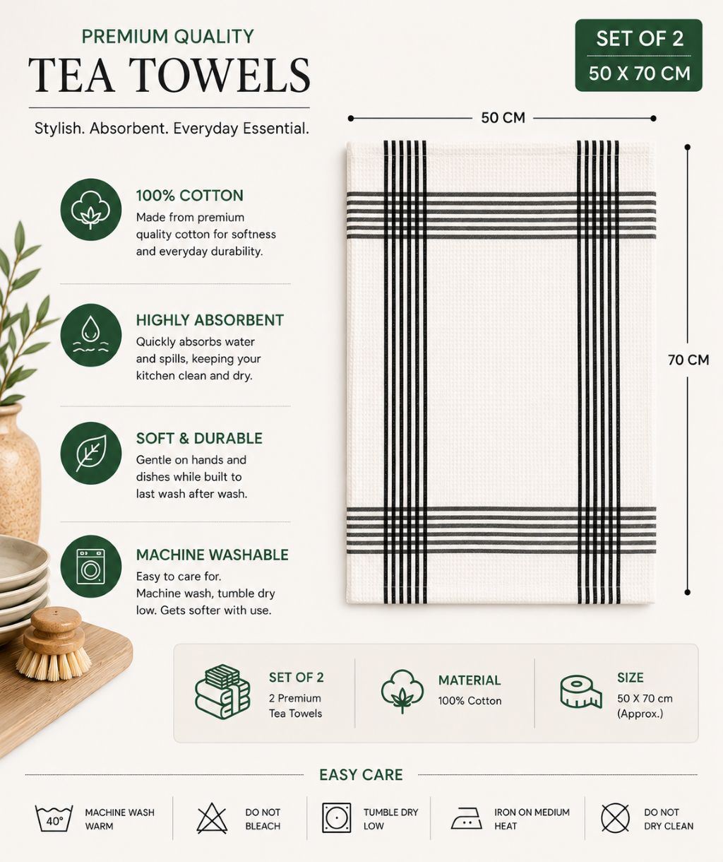 Night Zone Waffle Tea Towels 2 Pack, 100% Cotton