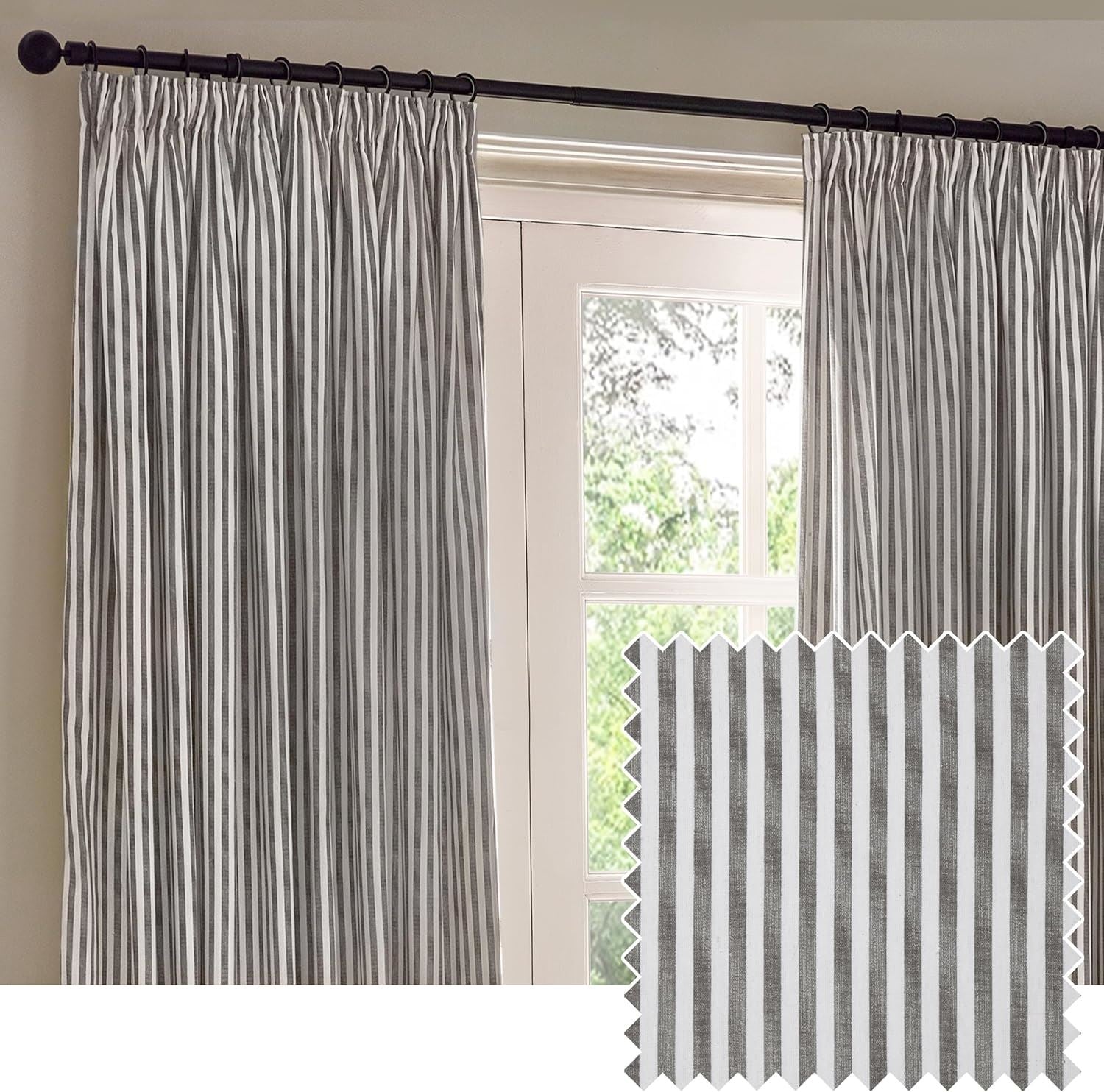 Yard Hebden Stripe Melange Print 100% Cotton Pencil Pleat Lined Curtains