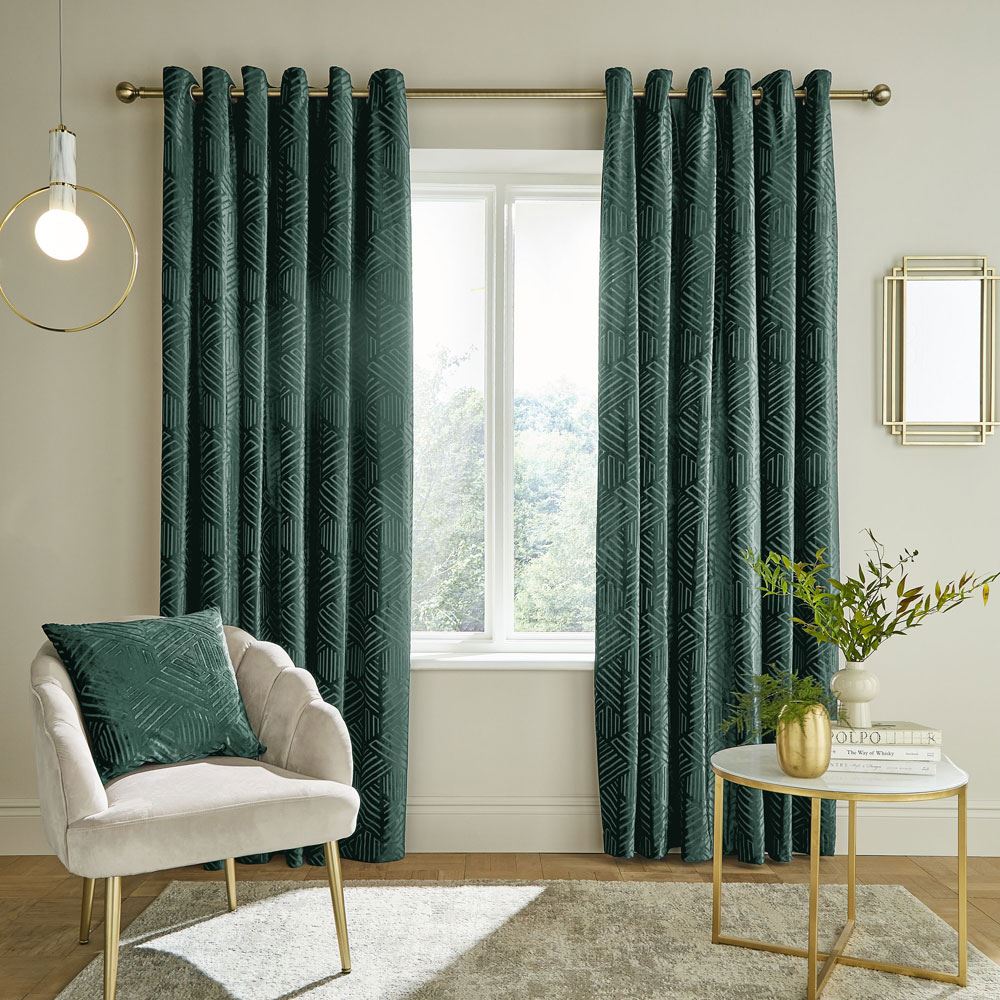 Catherine Lansfield Geo Cut Velvet Deco Lined Eyelet Curtains