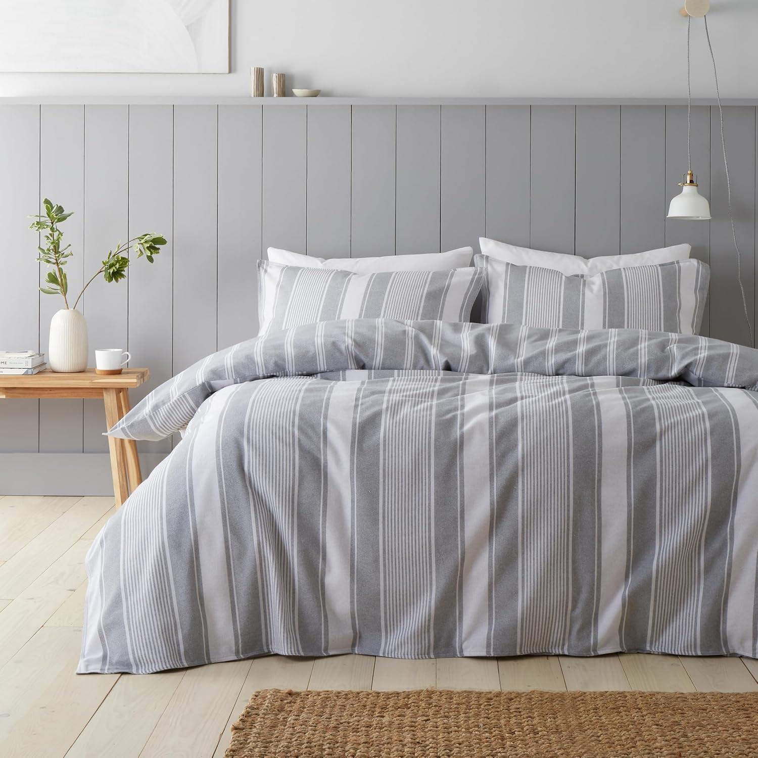 Bianca Ticking Stripe 100% Brushed Cotton Flannelette Reversible Duvet Cover Set