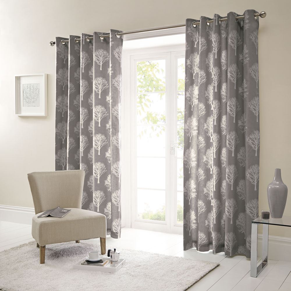 Fusion Woodland Trees Print 100% Cotton Eyelet Lined Curtains