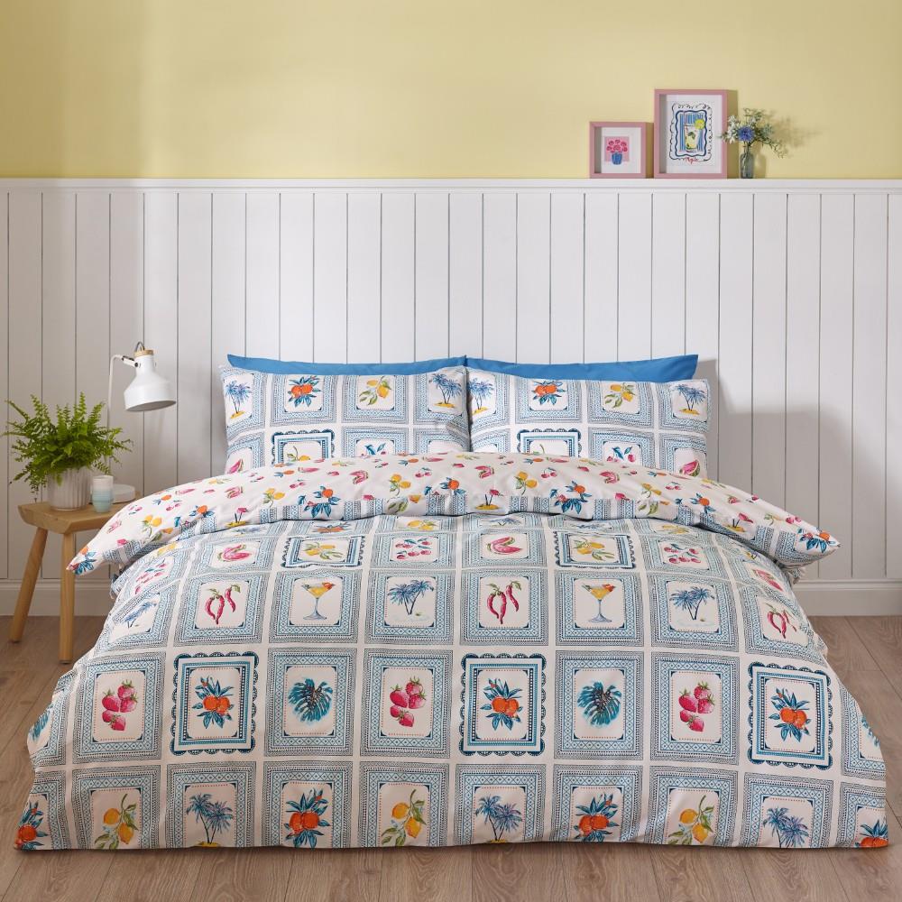 Catherine Lansfield Riviera Tiles Reversible King Duvet Cover Set with Pillowcases Blue
