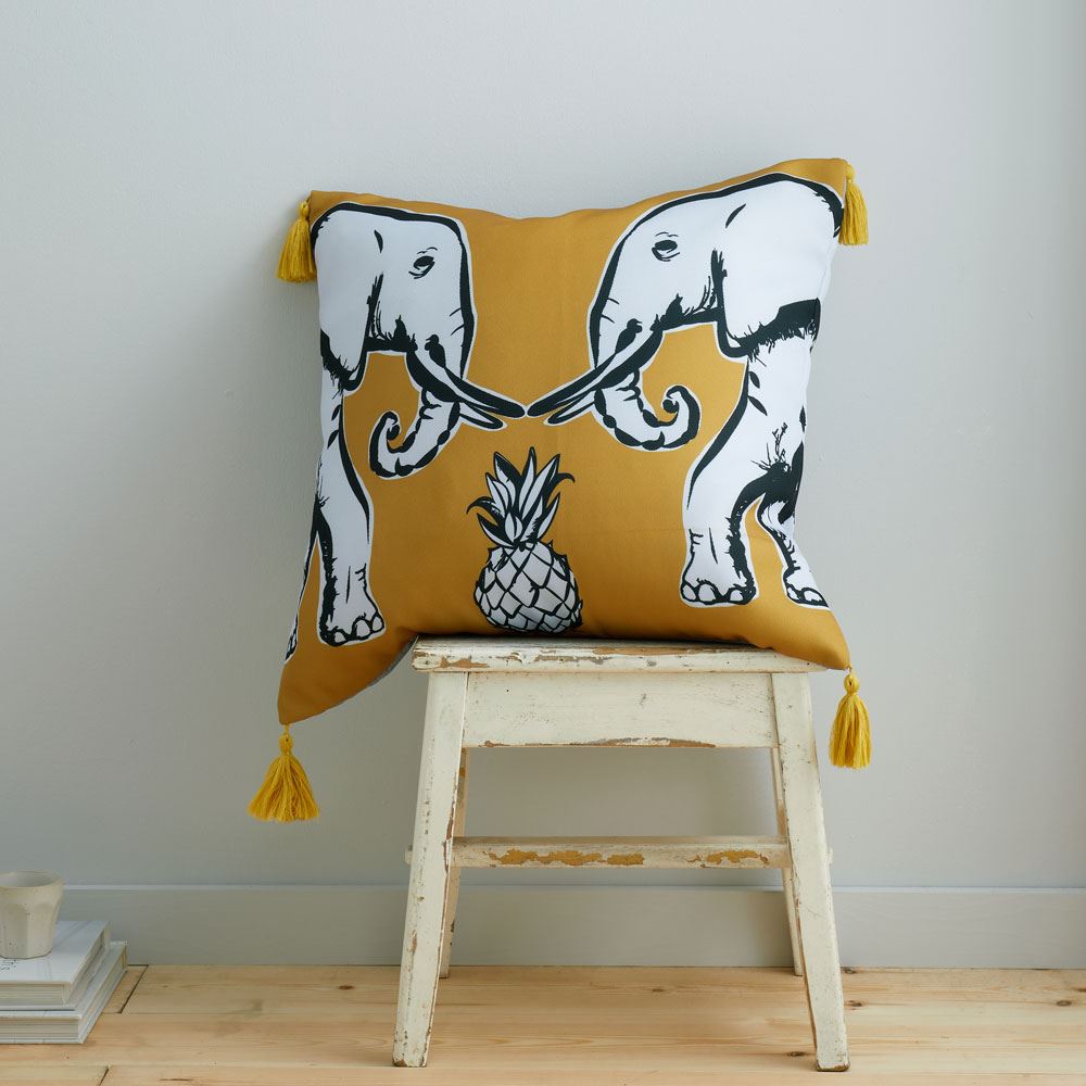 Pineapple Elephant Tembo Print 100% Cotton Tasselled Filled Cushion