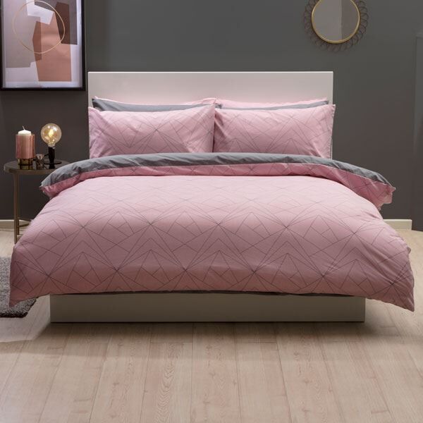 Belledorm Trapeze Geometric 150 Thread Count Polycotton Reversible Duvet Cover Set, Blush/Grey, Double