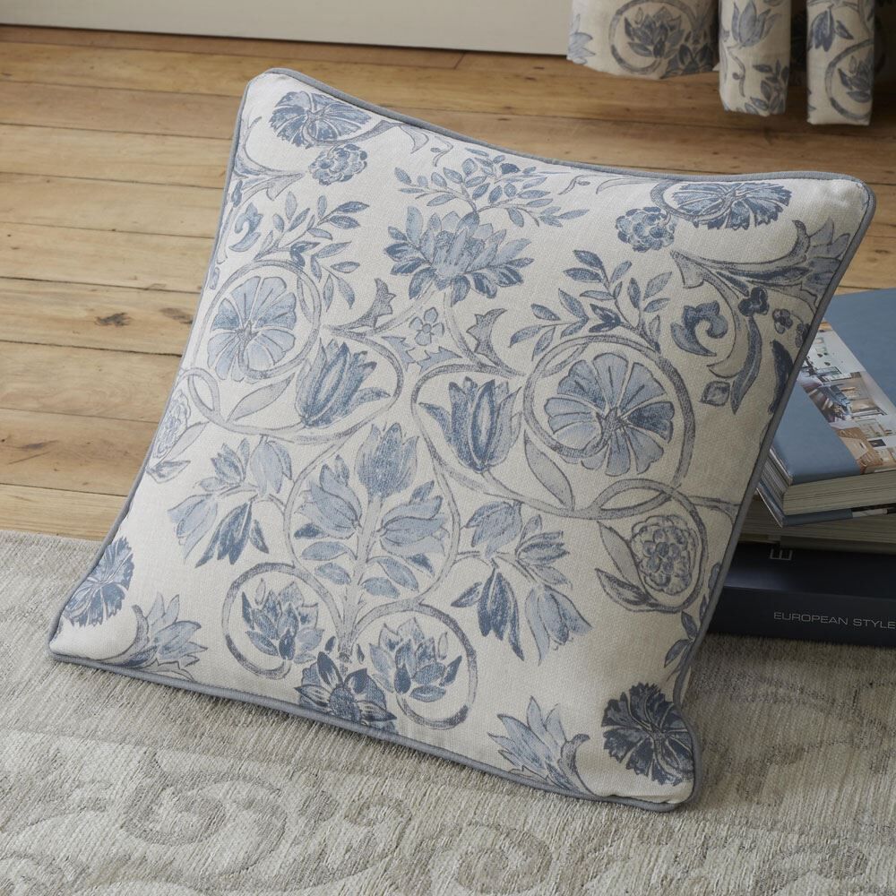 Dreams & Drapes Averie Floral Print 100% Cotton Piped Edge Cushion Cover, Blue, 43 x 43 Cm