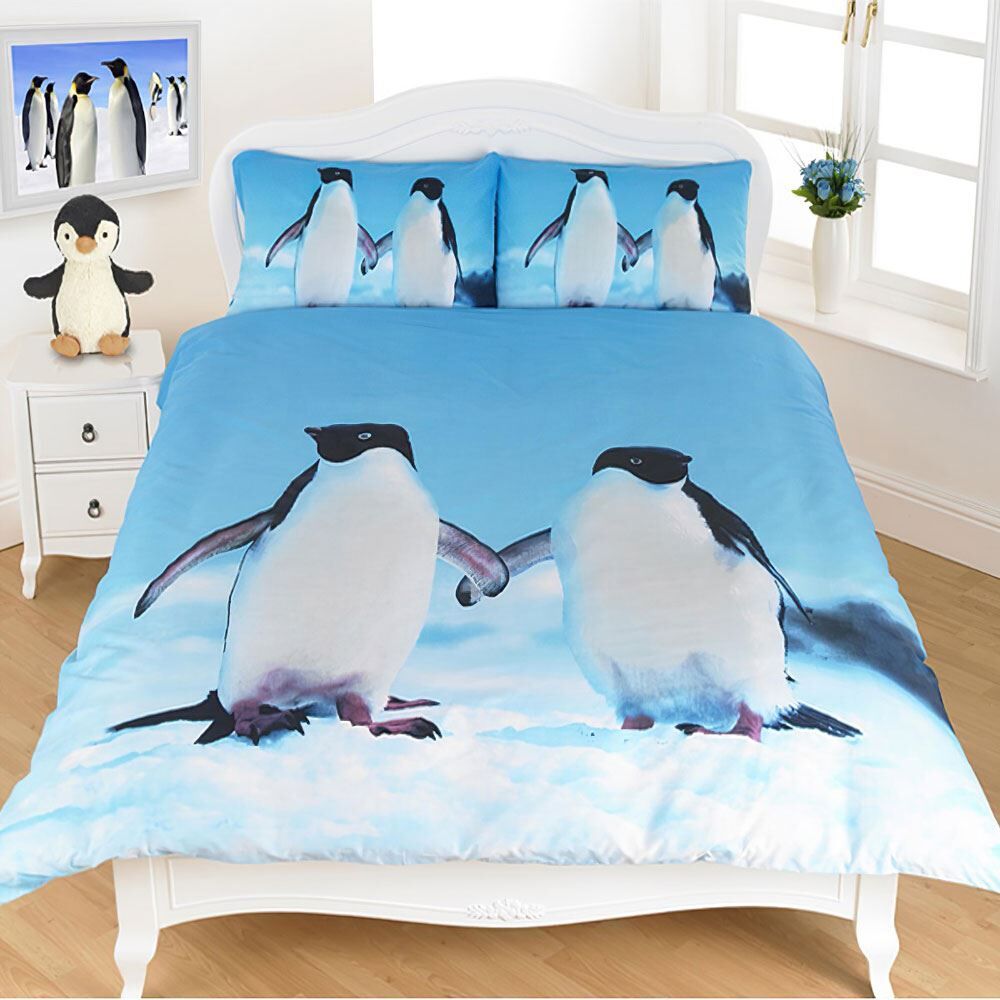 Night Zone Penguin 3D Photographic Print Duvet Cover Set, Blue