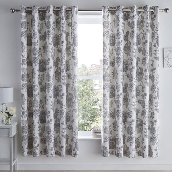 Dreams & Drapes Marinelli Floral Eyelet Lined Curtains, Grey, 66 x 72 Inch