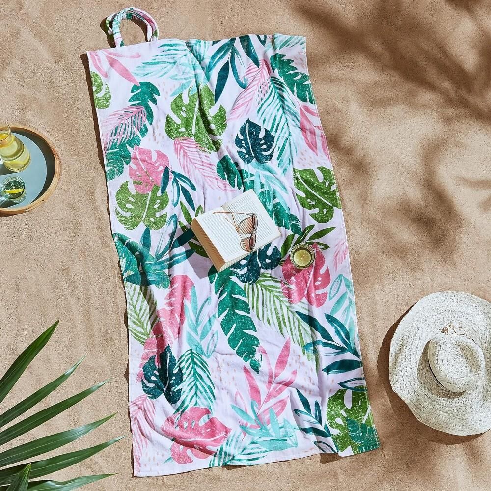 Catherine Lansfield Tropical Palm 100% Cotton Beach Towel, Pink