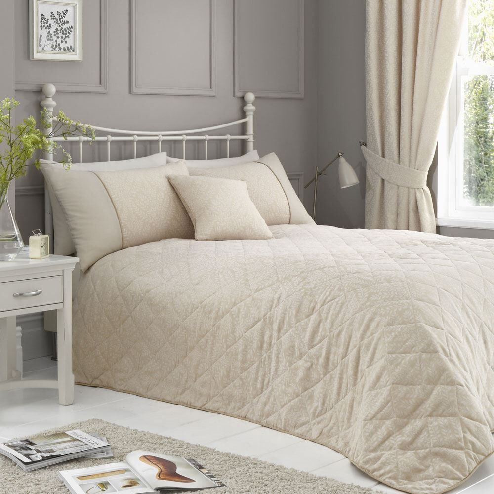 Dreams & Drapes Fearne Floral Jacquard Textured Weave Quilted Bedspread, Soft Gold, 220 x 240 Cm