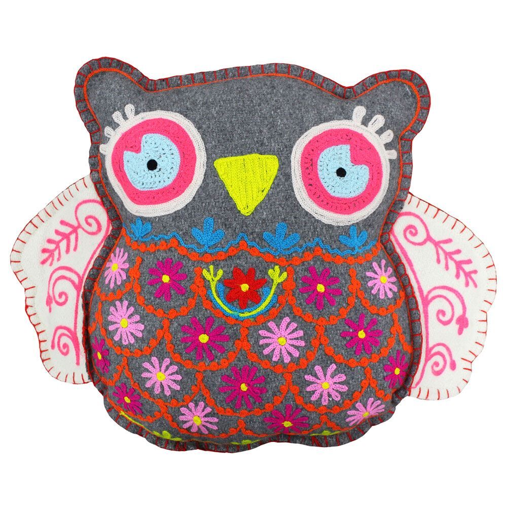 Riva Home Hootie The Owl Applique Embroidered Wool Shaped Filled Cushion, Multi, 38 x 20 Cm