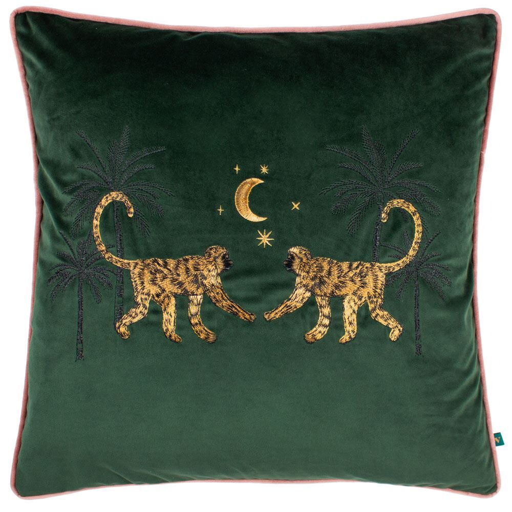 Wylder Dusk Monkey Embroidered Velvet Piped Edge Cushion Cover