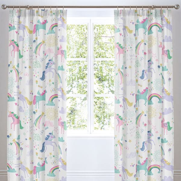 Bedlam Kids Rainbow Unicorn Lined Pencil Pleat Curtains, Multi, 66 x 72 Inch