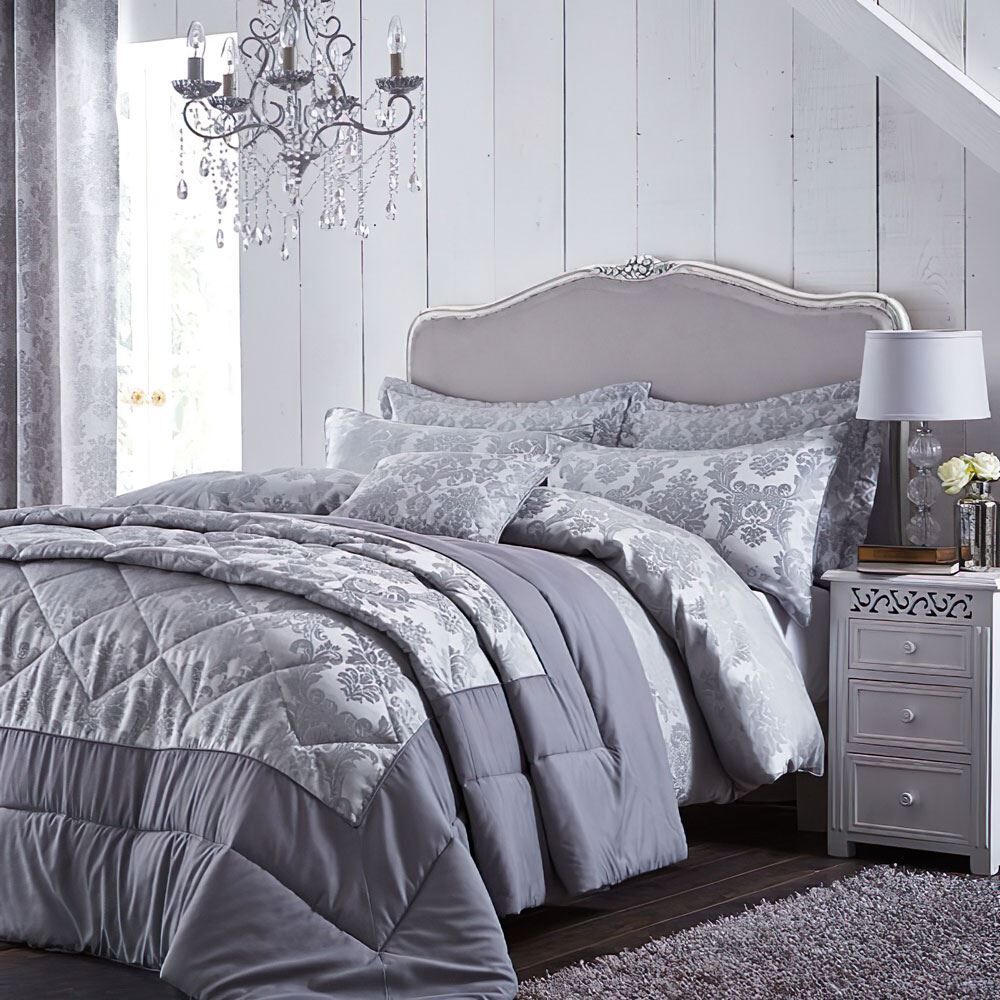 Catherine Lansfield Damask Jacquard Embellished Quilted Bedspread, Silver, 240 x 260 Cm