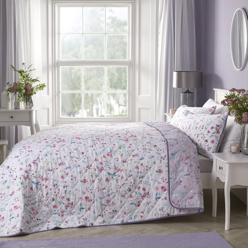 Dreams & Drapes Wild Flora Print Quilted Bedspread, Purple, 235 x 235 Cm