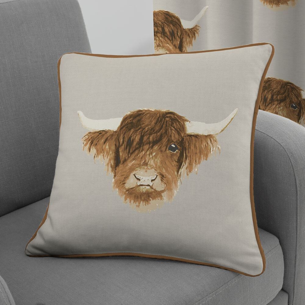 Fusion Highland Cow Print 100% Cotton Filled Cushion, Natural, 43 x 43 Cm