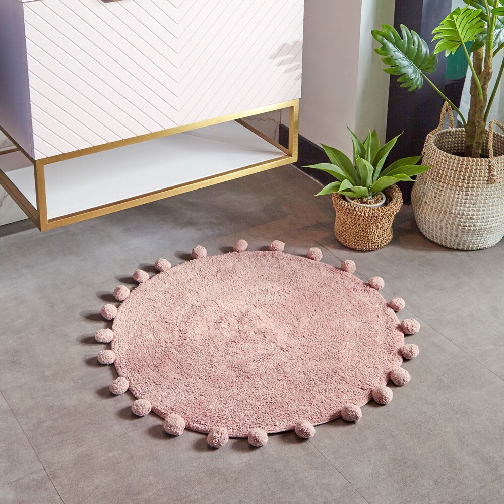 Furn Circle Pom Pom Fringed 100% Cotton Bath Mat