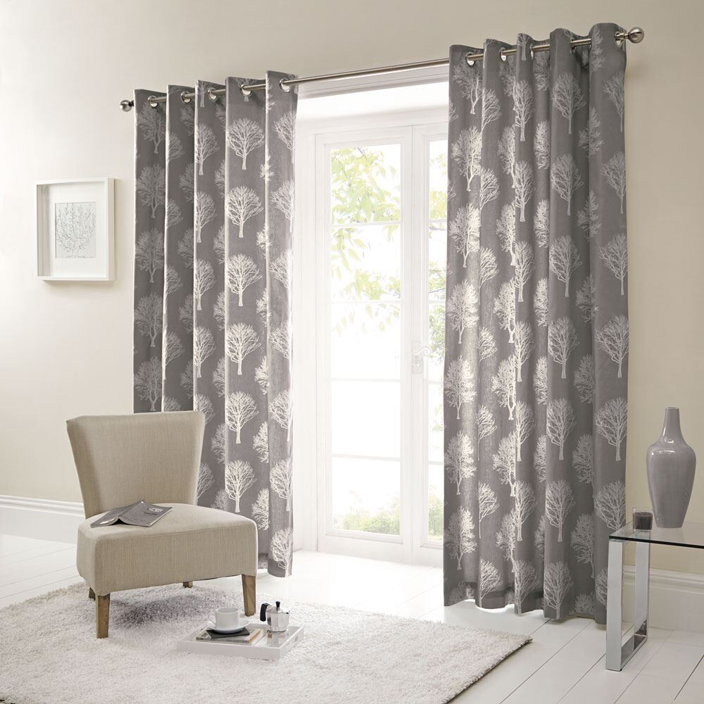 Fusion Woodland Trees Print 100% Cotton Eyelet Lined Curtains