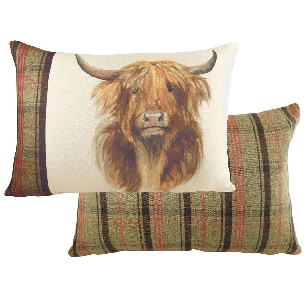 Evans Lichfield Hunter Highland Cow Tartan Panel Cushion Cover, Multi, 40 x 60 Cm
