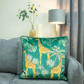 Paoletti Giraffe Palm Faux Velvet Piped Cushion Cover, Green, 50 x 50 Cm