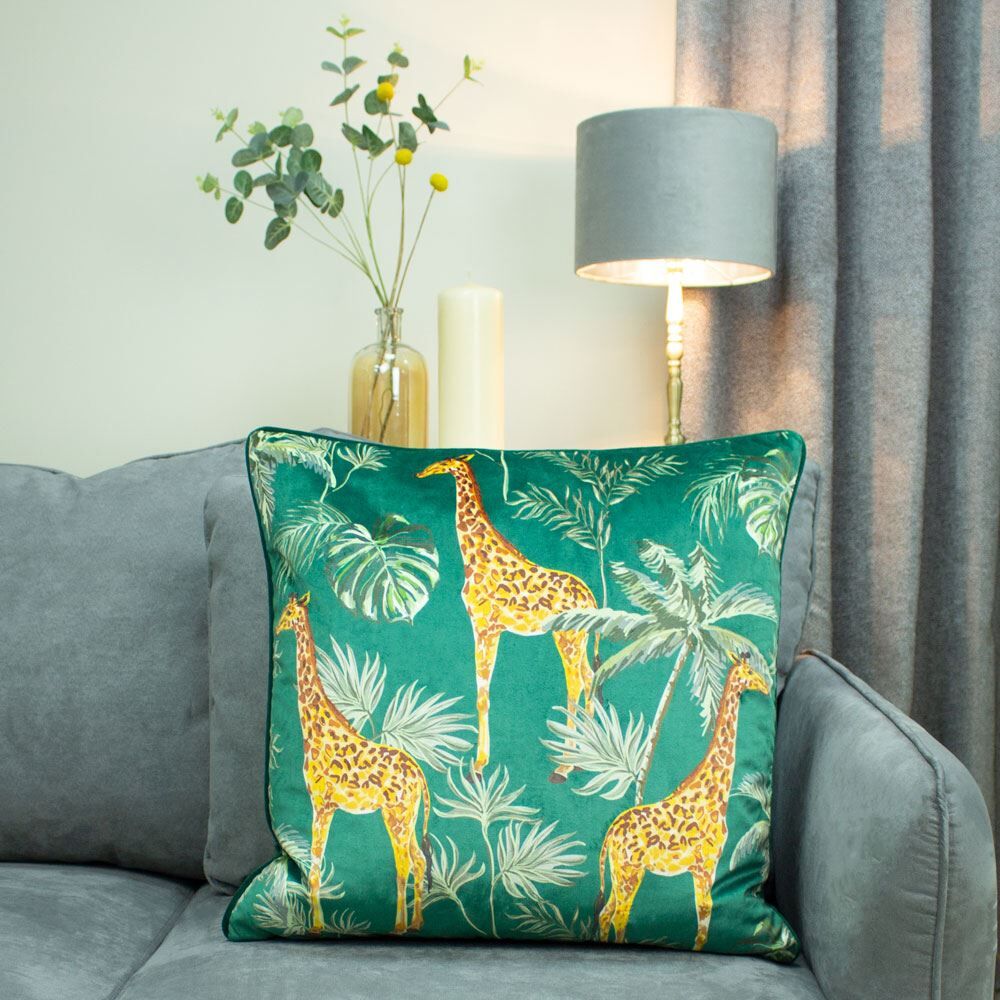 Paoletti Giraffe Palm Faux Velvet Piped Cushion Cover, Green, 50 x 50 Cm