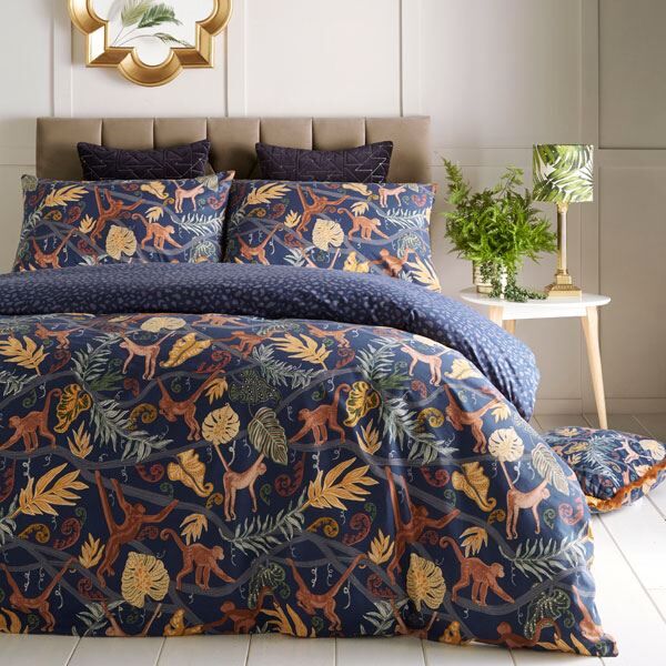 Furn Monkey Forest Print Reversible Duvet Cover Set, Midnight Blue