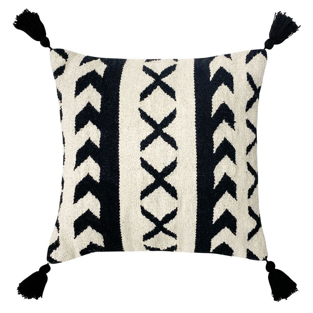 The Linen Yard Ural 100% Cotton Tasselled Cushion Cover, Black/White, 50 x 50 Cm