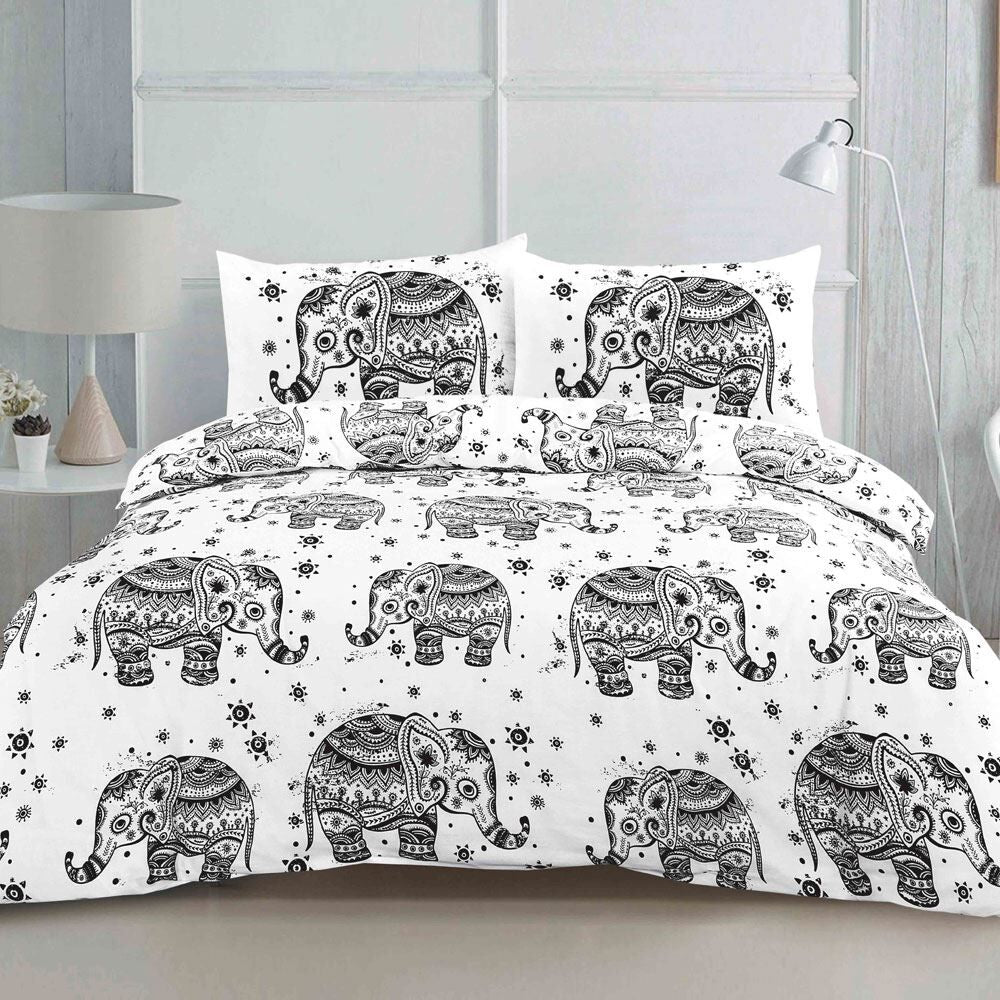 Night Zone Elephant Print Reversible Duvet Cover Set, White/Black