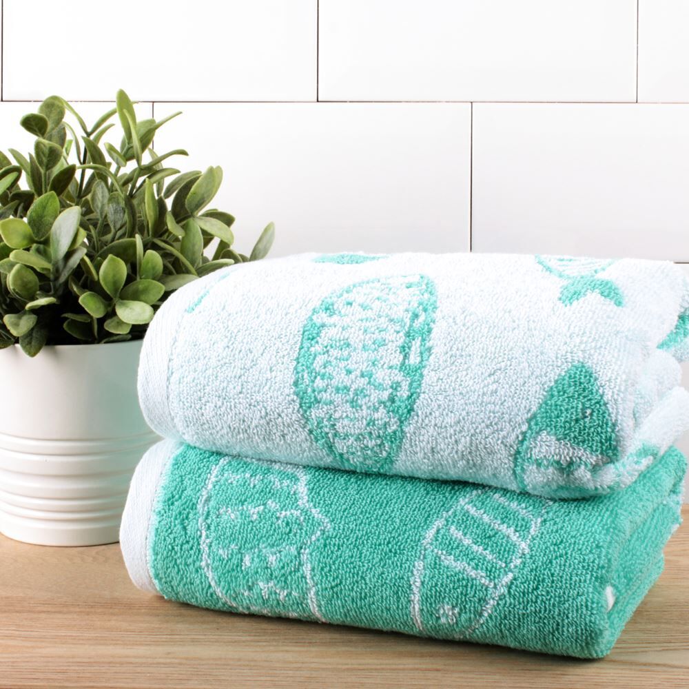 Fusion Fish Jacquard 100% Cotton 550gsm Hand Towel, Aqua/White, 2 Pack