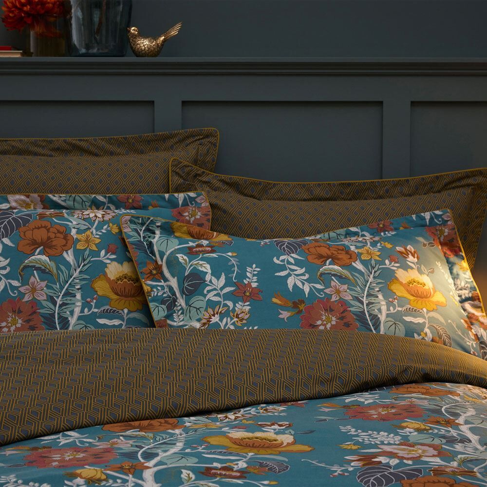Paoletti Bloom Floral Print 100% Cotton Sateen 200 Thread Count Oxford Pillow Case, Teal, Pair