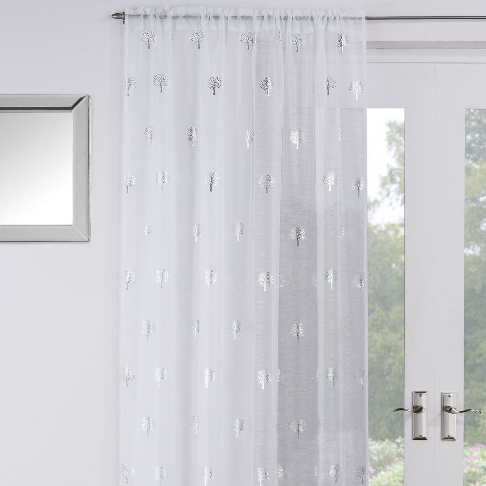 Tyrone Birch Tree Metallic Print Voile Slot Top Curtain Panel