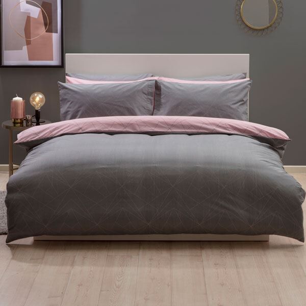 Belledorm Trapeze Geometric 150 Thread Count Polycotton Reversible Duvet Cover Set, Blush/Grey, Double