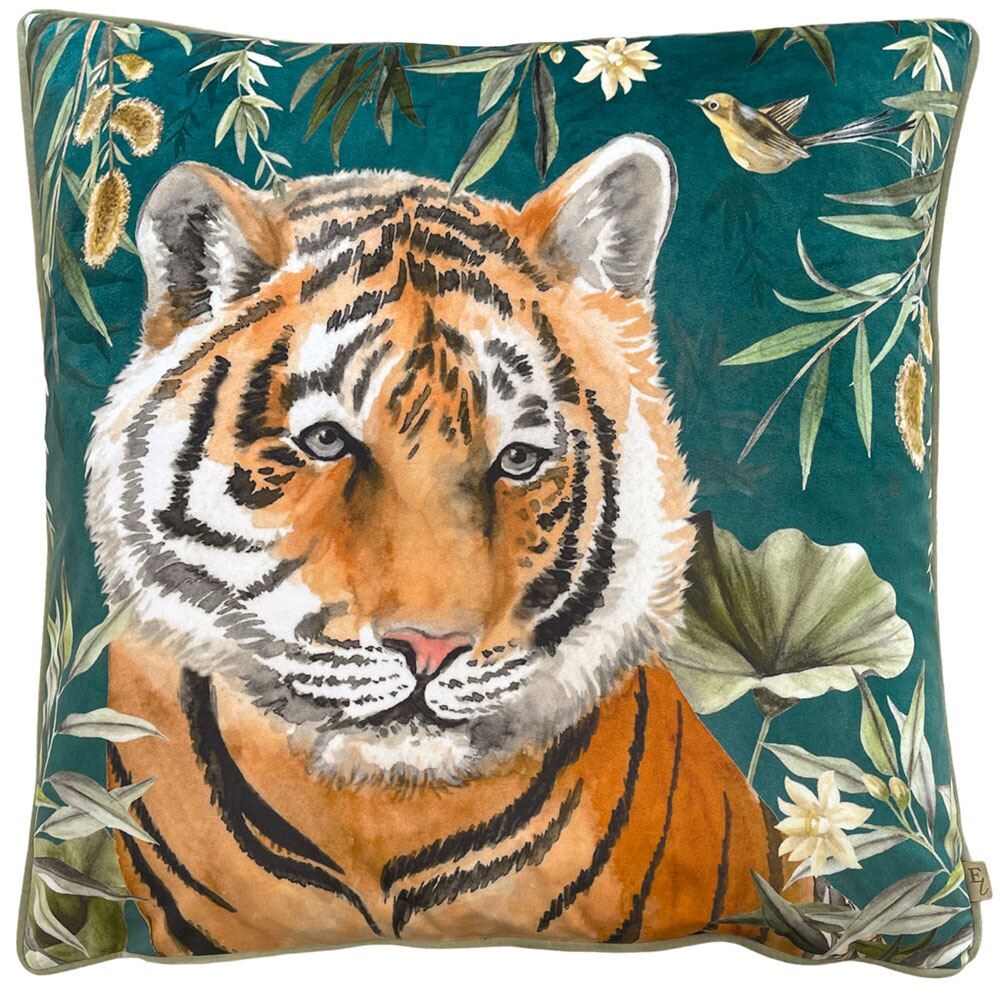 Wylder Tropics Orient Tiger Head Print Velvet Piped Edge Cushion Cover, Teal, 50 x 50 Cm