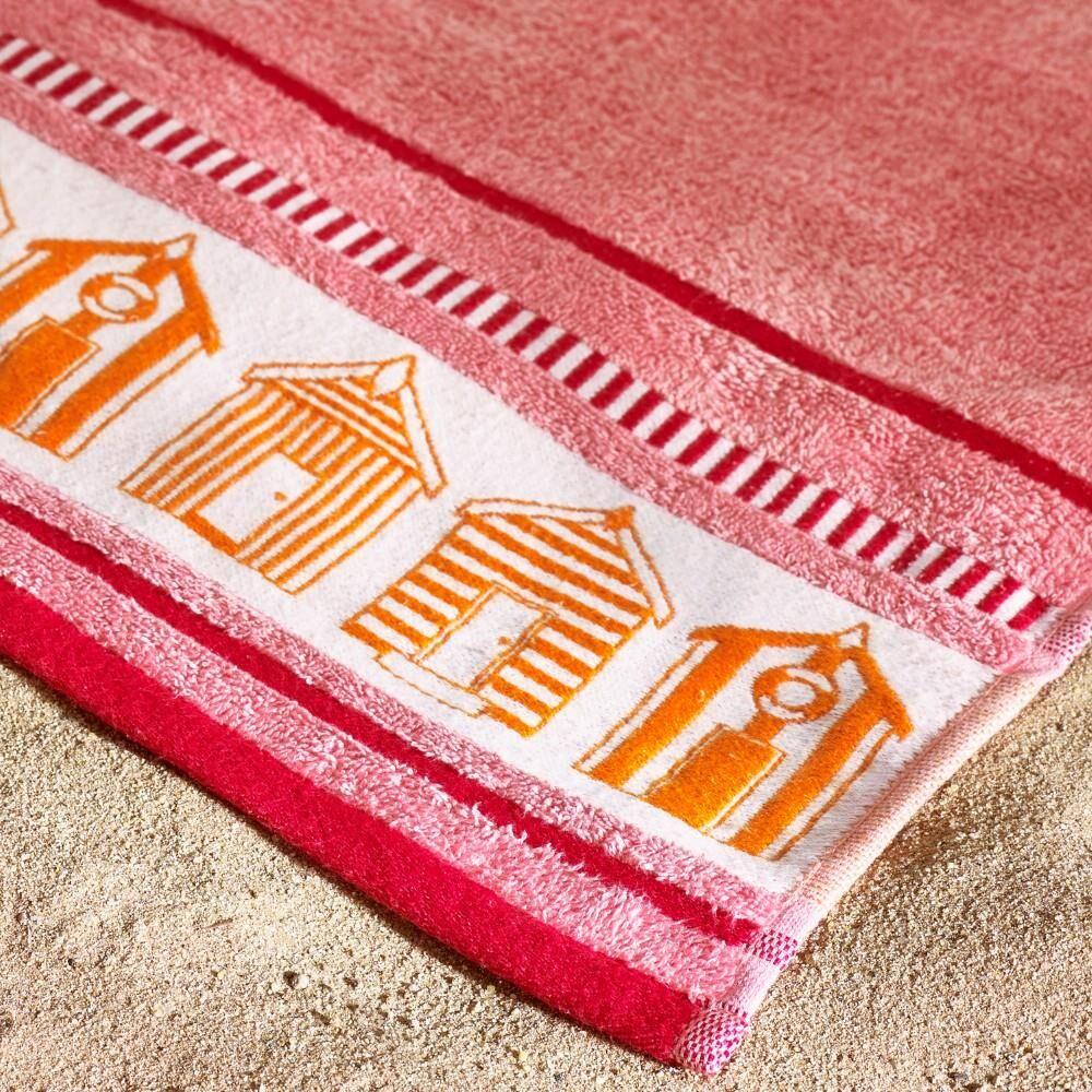 Catherine Lansfield Beach Huts 100% Cotton Beach Towel, Coral