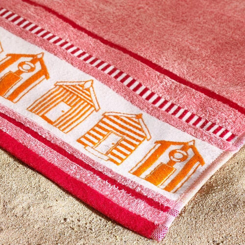 Catherine Lansfield Beach Huts 100% Cotton Beach Towel, Coral
