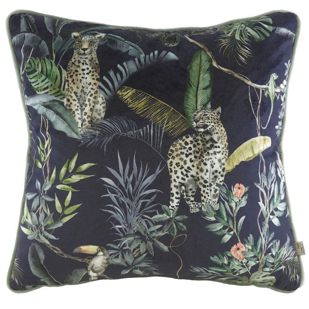Evans Lichfield Jungle Leopard Print Faux Velvet Piped Edge Cushion Cover, Petrol, 43 x 43 Cm