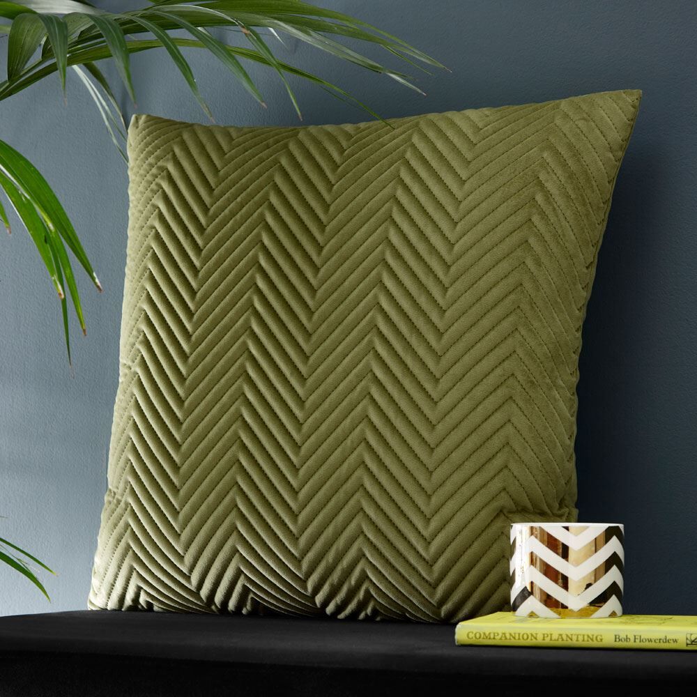 Portfolio Home Pinsonic Velvet Quilted Cushion Cover, Olive, 43 x 43 Cm