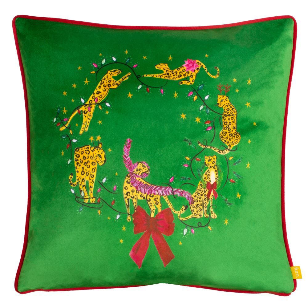 Furn Purrfect Leaping Leopards Piped Edge Cushion Cover, Green/Gold, 43 x 43 Cm