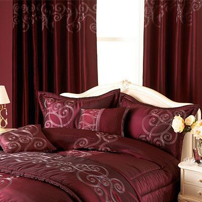 Elegance Bedroom Couture Cleopatra Faux Silk Eyelet Curtains, Damson