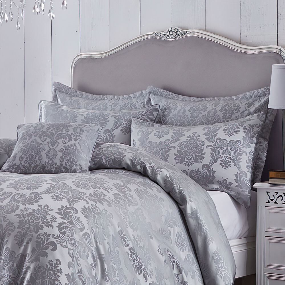 Catherine Lansfield Damask Jacquard Embellished Pillow Shams, Silver, Pair